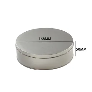 Round metal tinplate box container with 168mm diameter and 50mm height for storage.