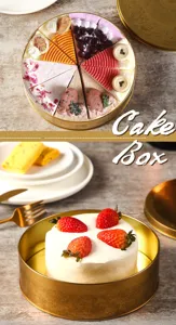 Vue détaillée de la boîte à gâteaux en métal doré luxueux remplie de délicieux gâteaux.