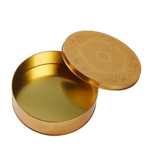 Boîte ronde en métal doré avec couvercle floral embossé pour biscuits, emballage cadeau