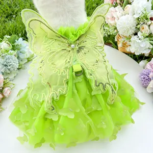 Green fairy pet dress with butterfly wings for dogs and cats summer wear princess outfit