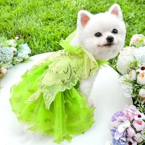Green pet fairy dress detail showing cute butterfly lace and mesh for dogs and cats.