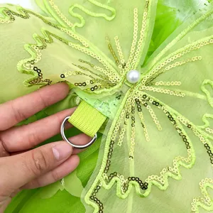 Green pet dress detail, mesh lace dog clothes with butterfly sequins, metal D-ring.