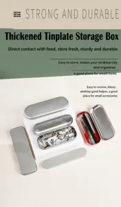 Portable flip tin storage box for stationery, cosmetics, and small accessories. Durable metal case.