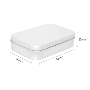 Detail view of the small rectangular metal tin box with clear dimension markers 95x60x20mm.