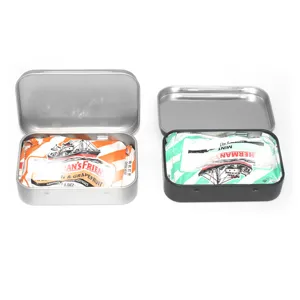 Metal storage tin box with attached lid for small items, mints, and portable daily use.