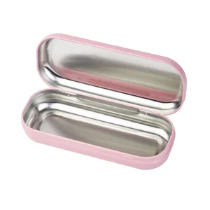 Pink metal tin storage case portable flip-top organizer box for glasses cosmetics stationery