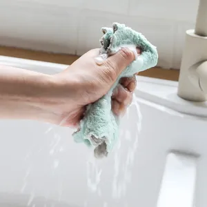 Double-sided coral fleece dish cloth for household kitchen cleaning, soft absorbent rag.