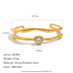 Detailed view of 18K gold plated heart bangle with zircon and size specifications