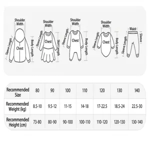 Childrens clothing size chart guide with detailed measurements for height and weight up to 140.