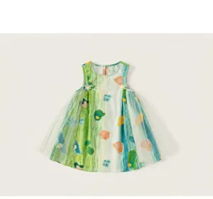 Kids summer sleeveless dress with cute graffiti print and mesh panels for girls.
