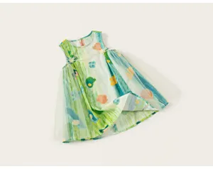 Summer toddler girls cute abstract graffiti print sleeveless dress with soft mesh overlay.