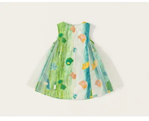 Kids summer art print sleeveless dress detail, mesh side panels, colorful abstract pattern.