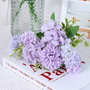 Kunstblumen lila Blumenstrauß 5-Zweig Seide Hortensien für Hochzeit Heimdekoration Großhandel