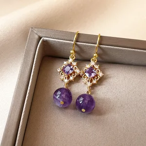 Boucles d'Oreilles Pendantes Losange en Alliage Strass Violet Élégant Vintage Français Boucles d'Oreilles Drop Géométriques Plaqué Or Bijoux Femme Cadeau