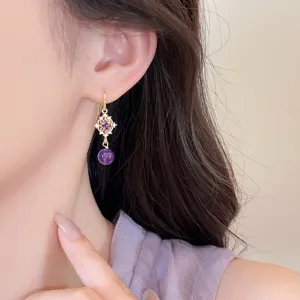 Boucles d'oreilles pendantes rhombus strass violet élégantes, bijoux femme de luxe