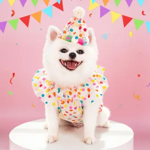 Cute pet polka dot birthday bib and hat set for dogs and cats, perfect party costume.