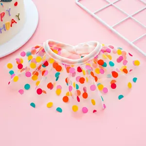 Cute colorful polka dot pet bib detail, sheer mesh cat and dog birthday party collar.