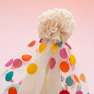 Detailed close-up view of a cute pet birthday hat featuring white mesh and colorful polka dots.