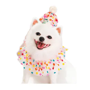Colorful polka dot pet birthday party hat and ruffled bib set, cute costume detail.