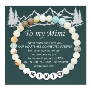 Custom gemstone beaded bracelet with mountain card and Mimi letter design, perfect gift.