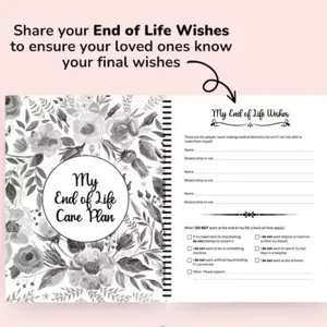 Detailed view of end of life care plan binder interior pages with medical decisions layout.