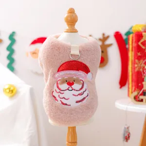 Rosa flauschige Haustier Winterweste mit glitzernder Pailletten Weihnachtsmann Stickerei.