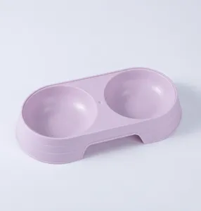 Macaron purple plastic double pet bowl for cats and small dogs daily feeding and water station.