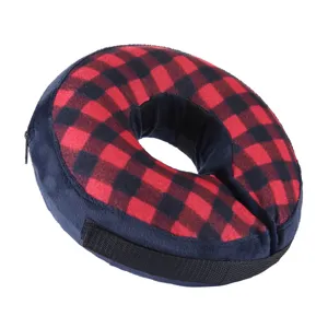 Inflatable pet dog Elizabeth collar soft red black plaid anti-bite recovery cone.