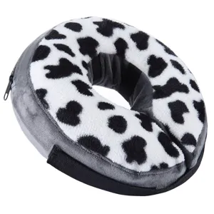 Inflatable pet recovery collar, cow print plush dog cone, soft Elizabethan ring.