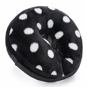 Black and white polka dot soft plush pet recovery collar, comfortable Elizabethan cone for dogs.