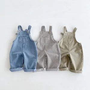 Infant toddler denim and striped casual overalls detail, multi-color cute baby jumpsuit.