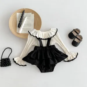 Baby Mädchen Herbst Strick Kragen Oberteil und Trägerhose Outfit Set mit Schuhen und Tasche.