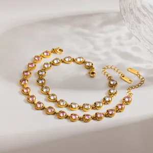 Pulsera De Tenis De Acero Inoxidable Chapado En Oro Piedras Rosas Blancas Joya