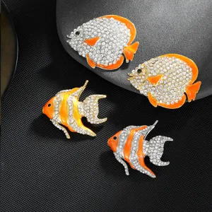 Exquisite rhinestone tropical fish brooch set, stylish alloy animal pin and elegant scarf buckle.