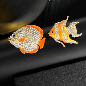 Exquisite rhinestone enamel tropical fish brooch detail view, stylish alloy jewelry accessory.