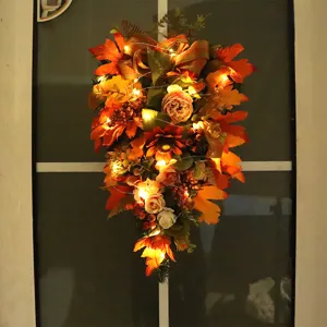 Autumn artificial floral teardrop swag with peony sunflower and warm LED lights for fall decor.