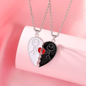 Matching broken heart necklace for couples, black and white drip oil pendant jewelry set.
