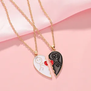 Couple heart pendant necklace matching fashion black white enamel jewelry gift for lovers