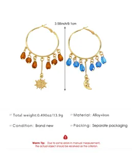 Boheemse zon maan oorbellen gouden hoepel kristal kraal kwast hangende sieraden voor vrouwen detail