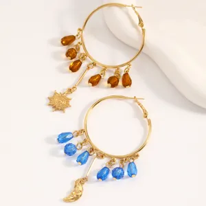 Gouden creolen oorringen met kleurrijke druppel kristal kralen zon maan hangers boho stijl