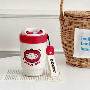 Mini insulated coffee cup, stainless steel thermal mug with cute apple dog print and strap.