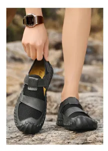 Close-up detail of men's breathable mesh beach sandals featuring durable handmade stitching
