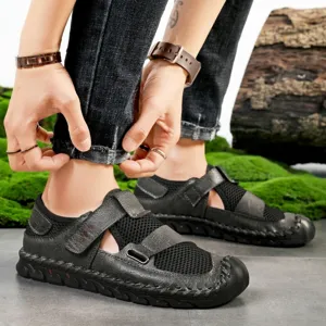 Men's breathable summer beach sandals featuring handmade stitching and mesh design