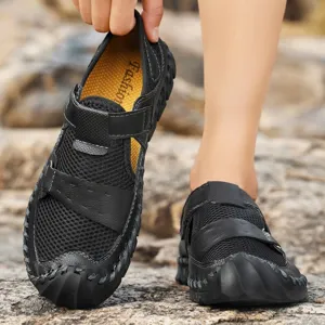 Breathable black mesh summer beach shoes for men featuring durable hand-stitched soles