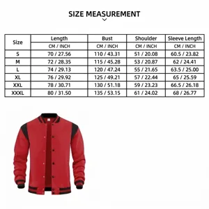 Größentabelle für rote und schwarze College-Jacke mit Angaben zu Länge, Brust, Schulter und Ärmeln