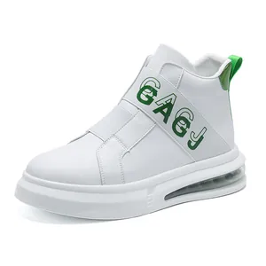 Fashionable white casual men's sneakers with green elastic strap and air cushion sole