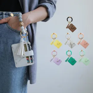 Bracelet Porte-Clés En Perles De Silicone Avec Porte-Cartes En Cuir PU Portefeuille Gland Anneau De Clé Femmes Mode Voyage