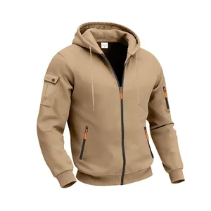 Felpa con cappuccio kaki da uomo con tasche cargo tattiche in pile pesante.