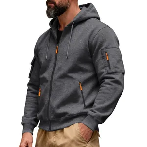 Felpa pesante con cappuccio grigio scuro, zip arancioni e tasca sulla manica per uomo casual