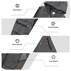 Gedetailleerde weergaven van fleece hoodie met focus op nek, zakken en geribbelde zoom